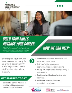 WIOA flyer showing a career advisor working with clients. Below is header "Build Your Skills. Advance Your Career." With information underneath that can be found through the rest of the page.