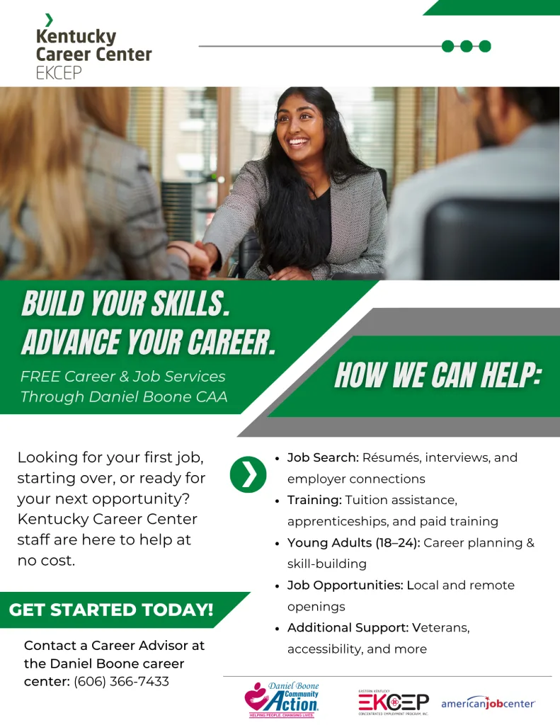 DBCAA WIOA Flyer with general information about types of WIOA assistance available, that can also be found throughout this page.